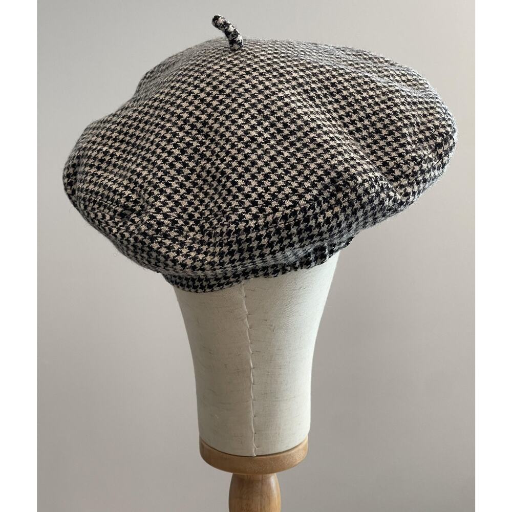 Hat Cap Beret Womens One Size Black Houndstooth Tweed Lined Wool Blend - Picture 3 of 8